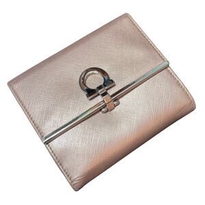 Auth Salvatore Ferragamo Rose Gold Gancini Leather Compact Wallet